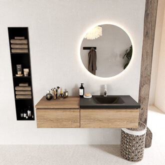 Mondiaz BUKLA 140cm badmeubel met module 60 kleur Washed Oak met 2 lades. Wastafel CLOUD rechts 1 kraangat kleur Urban.