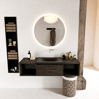 Mondiaz BUKLA 140cm badmeubel met open module 40 L+R kleur Dark Brown met 2 lades. Wastafel CLOUD midden 0 kraangaten kleur Urban.