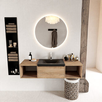 Mondiaz BUKLA 140cm badmeubel met open module 40 L+R kleur Washed Oak met 2 lades. Wastafel CLOUD midden 1 kraangat kleur Urban.