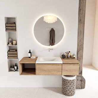 Mondiaz BUKLA 140cm badmeubel met open module 40 links kleur Washed Oak met 2 lades. Wastafel CLOUD midden 0 kraangaten kleur Talc.