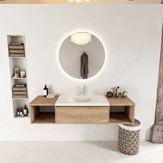 Mondiaz BUKLA 160cm badmeubel met open module 40 L+R kleur Washed Oak met 2 lades. Wastafel CLOUD midden 1 kraangat kleur Talc.