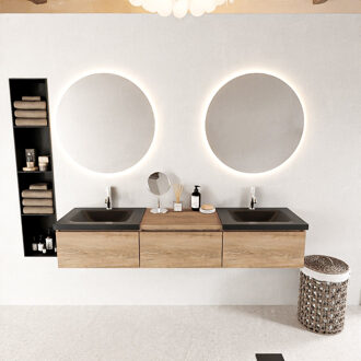 Mondiaz BUKLA 180cm badmeubel met module 60 kleur Washed Oak met 3 lades. Wastafel CLOUD dubbel 2 kraangaten kleur Urban.