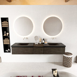 Mondiaz BUKLA 200cm badmeubel met module 40 kleur Dark Brown met 3 lades. Wastafel CLOUD dubbel 0 kraangaten kleur Urban.