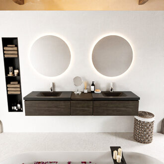 Mondiaz BUKLA 200cm badmeubel met module 40 kleur Dark Brown met 3 lades. Wastafel CLOUD dubbel 2 kraangaten kleur Urban.