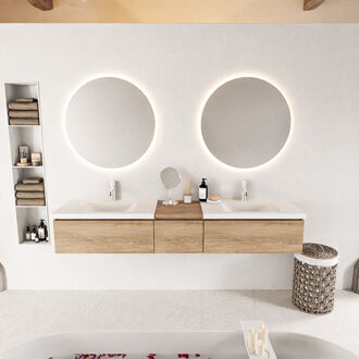 Mondiaz BUKLA 200cm badmeubel met module 40 kleur Washed Oak met 3 lades. Wastafel CLOUD dubbel 2 kraangaten kleur Talc.