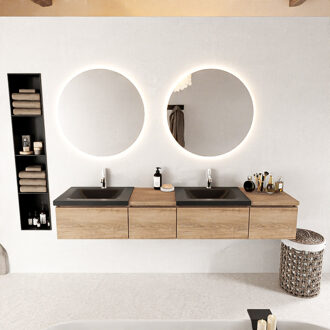 Mondiaz BUKLA 200cm badmeubel met module 40 links kleur Washed Oak met 4 lades. Wastafel CLOUD dubbel 2 kraangaten kleur Urban.