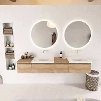 Mondiaz BUKLA 200cm badmeubel met module 40 rechts kleur Washed Oak met 4 lades. Wastafel CLOUD dubbel 0 kraangaten kleur Talc.