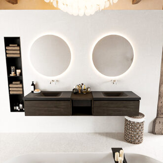 Mondiaz BUKLA 200cm badmeubel met open module 40 kleur Dark Brown met 2 lades. Wastafel CLOUD dubbel 0 kraangaten kleur Urban.