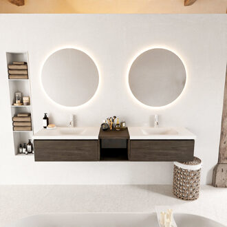 Mondiaz BUKLA 200cm badmeubel met open module 40 kleur Dark Brown met 2 lades. Wastafel CLOUD dubbel 2 kraangaten kleur Talc.