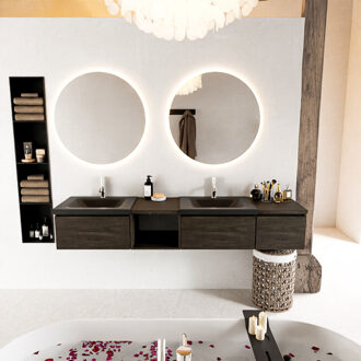 Mondiaz BUKLA 200cm badmeubel met open module 40 links kleur Dark Brown met 3 lades. Wastafel CLOUD dubbel 2 kraangaten kleur Urban.