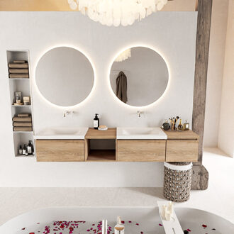 Mondiaz BUKLA 200cm badmeubel met open module 40 links kleur Washed Oak met 3 lades. Wastafel CLOUD dubbel 0 kraangaten kleur Talc.