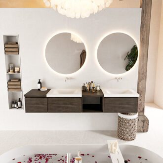 Mondiaz BUKLA 200cm badmeubel met open module 40 rechts kleur Dark Brown met 3 lades. Wastafel CLOUD dubbel 0 kraangaten kleur Talc.