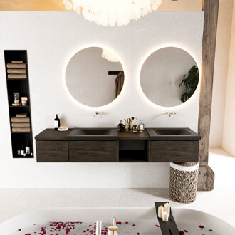 Mondiaz BUKLA 200cm badmeubel met open module 40 rechts kleur Dark Brown met 3 lades. Wastafel CLOUD dubbel 0 kraangaten kleur Urban.