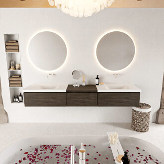 Mondiaz BUKLA 220cm badmeubel met module 60 kleur Dark Brown met 3 lades. Wastafel CLOUD dubbel 0 kraangaten kleur Talc.