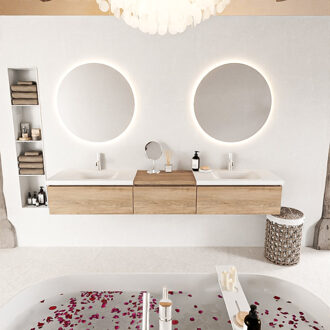 Mondiaz BUKLA 220cm badmeubel met module 60 kleur Washed Oak met 3 lades. Wastafel CLOUD dubbel 2 kraangaten kleur Talc.