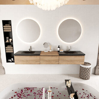 Mondiaz BUKLA 220cm badmeubel met module 60 kleur Washed Oak met 3 lades. Wastafel CLOUD dubbel 2 kraangaten kleur Urban.