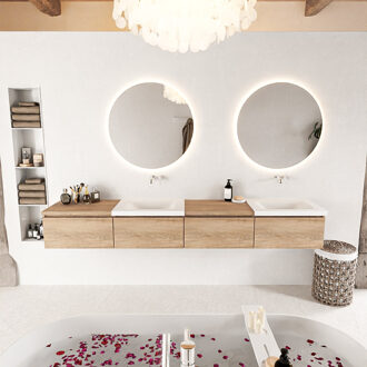 Mondiaz BUKLA 240cm badmeubel met module 60 links kleur Washed Oak met 4 lades. Wastafel CLOUD dubbel 0 kraangaten kleur Talc.