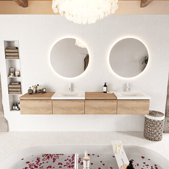 Mondiaz BUKLA 240cm badmeubel met module 60 links kleur Washed Oak met 4 lades. Wastafel CLOUD dubbel 2 kraangaten kleur Talc.