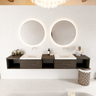 Mondiaz BUKLA 240cm badmeubel met open module 40 L+M+R kleur Dark Brown met 2 lades. Wastafel CLOUD dubbel 0 kraangaten kleur Talc.