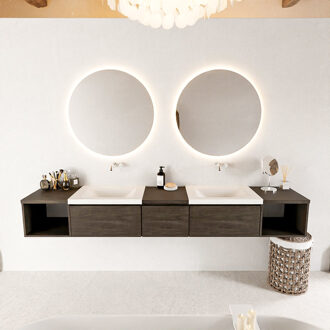 Mondiaz BUKLA 240cm badmeubel met open module 40 L+R kleur Dark Brown met 3 lades. Wastafel CLOUD dubbel 0 kraangaten kleur Talc.