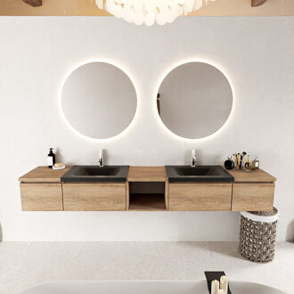 Mondiaz BUKLA 240cm badmeubel met open module 40 midden kleur Washed Oak met 4 lades. Wastafel CLOUD dubbel 2 kraangaten kleur Urban.