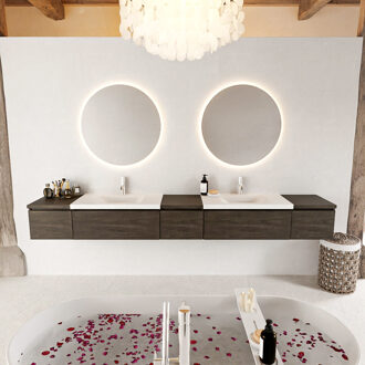 Mondiaz BUKLA 280cm badmeubel met module 40 kleur Dark Brown met 5 lades. Wastafel CLOUD dubbel 2 kraangaten kleur Talc.