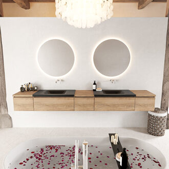 Mondiaz BUKLA 280cm badmeubel met module 40 kleur Washed Oak met 5 lades. Wastafel CLOUD dubbel 0 kraangaten kleur Urban.