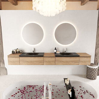 Mondiaz BUKLA 280cm badmeubel met module 40 kleur Washed Oak met 5 lades. Wastafel CLOUD dubbel 2 kraangaten kleur Urban.