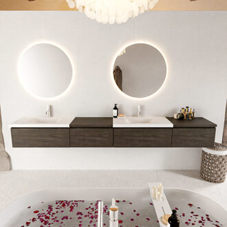 Mondiaz BUKLA 280cm badmeubel met module 60 links kleur Dark Brown met 4 lades. Wastafel CLOUD dubbel 2 kraangaten kleur Talc.