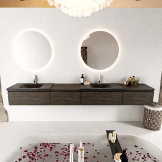 Mondiaz BUKLA 280cm badmeubel met module 60 links kleur Dark Brown met 4 lades. Wastafel CLOUD dubbel 2 kraangaten kleur Urban.