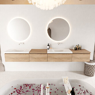 Mondiaz BUKLA 280cm badmeubel met module 60 links kleur Washed Oak met 4 lades. Wastafel CLOUD dubbel 0 kraangaten kleur Talc.