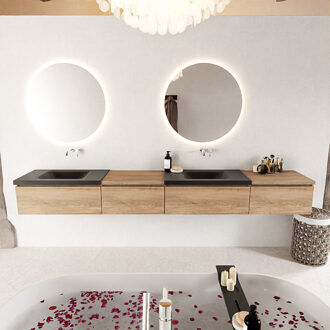 Mondiaz BUKLA 280cm badmeubel met module 60 links kleur Washed Oak met 4 lades. Wastafel CLOUD dubbel 0 kraangaten kleur Urban.