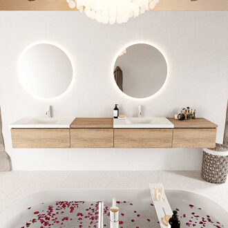 Mondiaz BUKLA 280cm badmeubel met module 60 links kleur Washed Oak met 4 lades. Wastafel CLOUD dubbel 2 kraangaten kleur Talc.