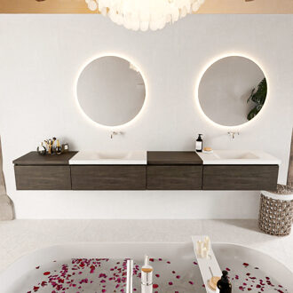 Mondiaz BUKLA 280cm badmeubel met module 60 rechts kleur Dark Brown met 4 lades. Wastafel CLOUD dubbel 0 kraangaten kleur Talc.