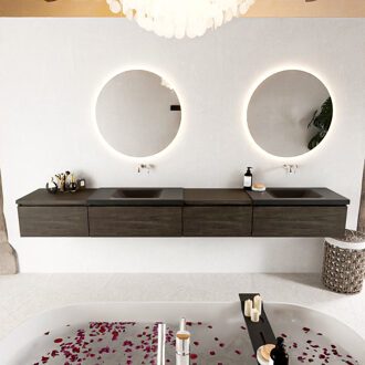 Mondiaz BUKLA 280cm badmeubel met module 60 rechts kleur Dark Brown met 4 lades. Wastafel CLOUD dubbel 0 kraangaten kleur Urban.