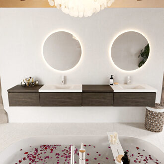 Mondiaz BUKLA 280cm badmeubel met module 60 rechts kleur Dark Brown met 4 lades. Wastafel CLOUD dubbel 2 kraangaten kleur Talc.