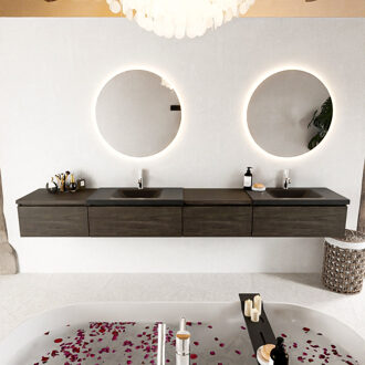 Mondiaz BUKLA 280cm badmeubel met module 60 rechts kleur Dark Brown met 4 lades. Wastafel CLOUD dubbel 2 kraangaten kleur Urban.