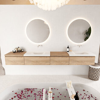 Mondiaz BUKLA 280cm badmeubel met module 60 rechts kleur Washed Oak met 4 lades. Wastafel CLOUD dubbel 0 kraangaten kleur Talc.