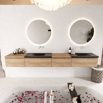 Mondiaz BUKLA 280cm badmeubel met module 60 rechts kleur Washed Oak met 4 lades. Wastafel CLOUD dubbel 0 kraangaten kleur Urban.