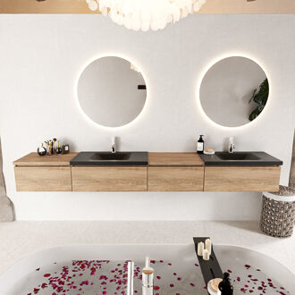 Mondiaz BUKLA 280cm badmeubel met module 60 rechts kleur Washed Oak met 4 lades. Wastafel CLOUD dubbel 2 kraangaten kleur Urban.