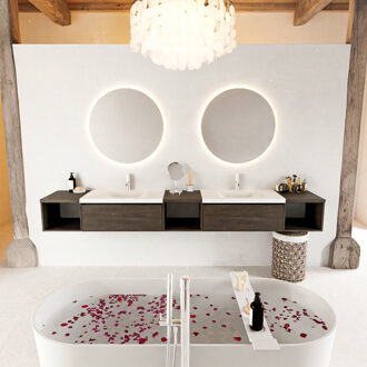 Mondiaz BUKLA 280cm badmeubel met open module 40 L+M+R kleur Dark Brown met 2 lades. Wastafel CLOUD dubbel 2 kraangaten kleur Talc.