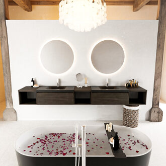 Mondiaz BUKLA 280cm badmeubel met open module 40 L+M+R kleur Dark Brown met 2 lades. Wastafel CLOUD dubbel 2 kraangaten kleur Urban.