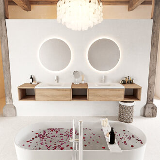 Mondiaz BUKLA 280cm badmeubel met open module 40 L+M+R kleur Washed Oak met 2 lades. Wastafel CLOUD dubbel 2 kraangaten kleur Talc.