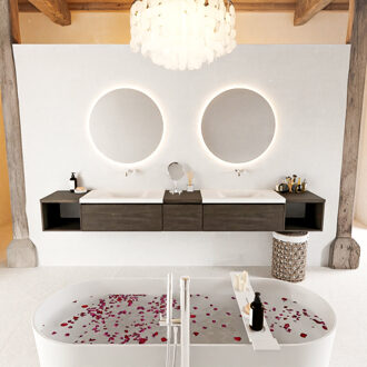 Mondiaz BUKLA 280cm badmeubel met open module 40 L+R kleur Dark Brown met 3 lades. Wastafel CLOUD dubbel 0 kraangaten kleur Talc.