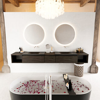 Mondiaz BUKLA 280cm badmeubel met open module 40 L+R kleur Dark Brown met 3 lades. Wastafel CLOUD dubbel 0 kraangaten kleur Urban.