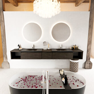 Mondiaz BUKLA 280cm badmeubel met open module 40 L+R kleur Dark Brown met 3 lades. Wastafel CLOUD dubbel 2 kraangaten kleur Urban.