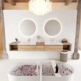 Mondiaz BUKLA 280cm badmeubel met open module 40 L+R kleur Washed Oak met 3 lades. Wastafel CLOUD dubbel 2 kraangaten kleur Talc.