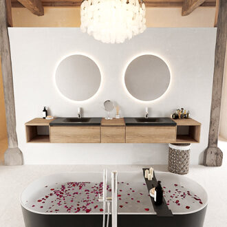 Mondiaz BUKLA 280cm badmeubel met open module 40 L+R kleur Washed Oak met 3 lades. Wastafel CLOUD dubbel 2 kraangaten kleur Urban.