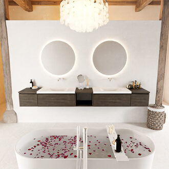 Mondiaz BUKLA 280cm badmeubel met open module 40 midden kleur Dark Brown met 4 lades. Wastafel CLOUD dubbel 0 kraangaten kleur Talc.