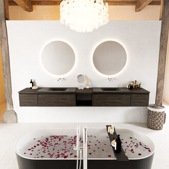 Mondiaz BUKLA 280cm badmeubel met open module 40 midden kleur Dark Brown met 4 lades. Wastafel CLOUD dubbel 0 kraangaten kleur Urban.